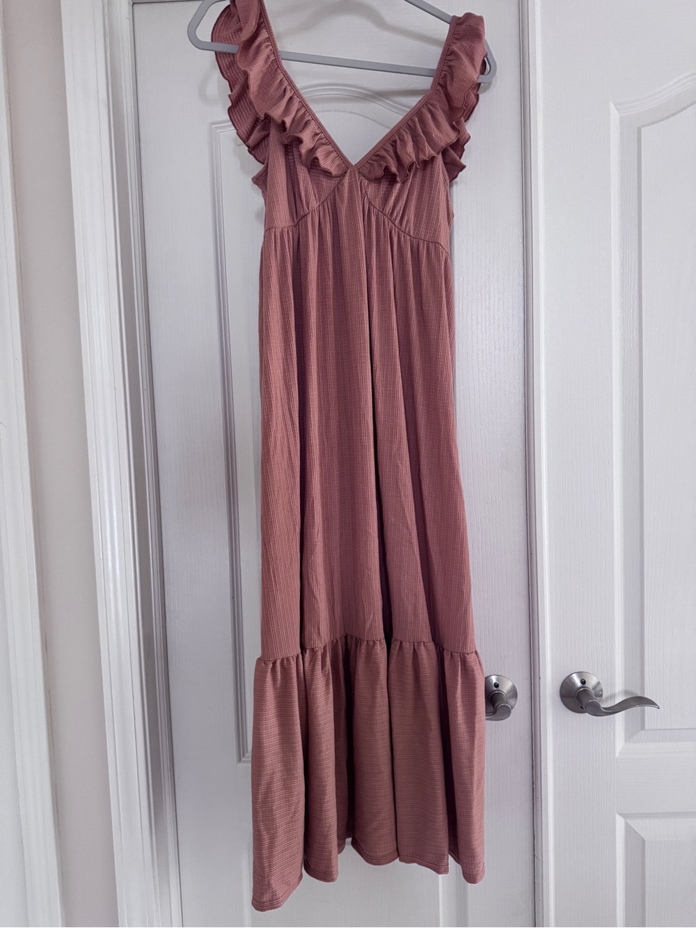 Caution To The Wind Ruffled V-Neck Maxi Dress in Dusty Rose